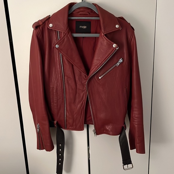 MAJE Red Lamb Leather Biker Jacket FR 40 - Picture 2 of 7
